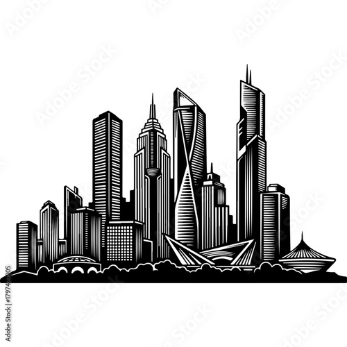 Woodcut Style Vector Illustration of Modern City Skyline. Urban landscape depicting skyscrapers, progress, and development for national day celebration.