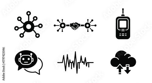 Digital Technology Icons Communication Network AI Cloud Storage Handshake