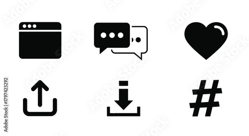 Digital interface icons browser chat heart like upload download vector graphic