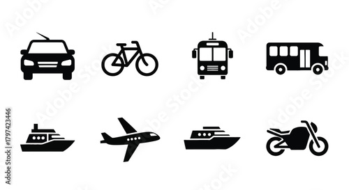 Travel and Transport Icons Set Car Bike Bus Airplane Ship Motorboat Yacht Glyph