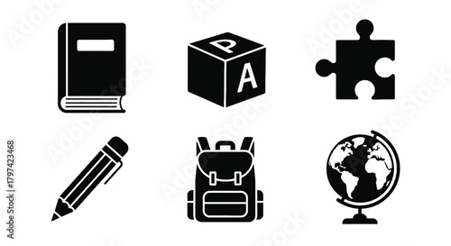 Education and School Supplies Icons Set Book Pencil Globe Backpack