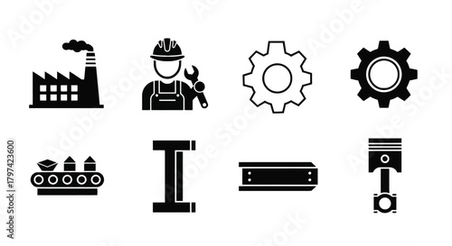 Industrial Manufacturing Engineer Icons Collection Factory Gear Piston Steel Worker