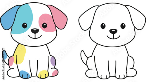 Cute Cartoon Puppy with Colorful Patches - Adorable Coloring Page for Kids and Pet Lovers
