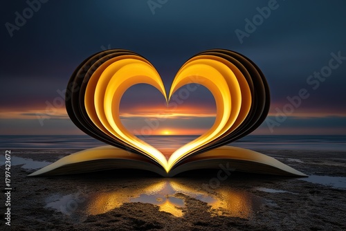 Open Book Forming Heart Shape at Sunset on Beach