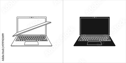 Laptop computer icon in outline and solid black versions