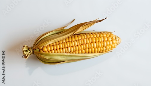 An ear of corn with its shuck is displayed next to a whole cob of corn.