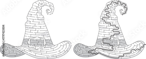 Witch hat maze for kids with a solution in black and white