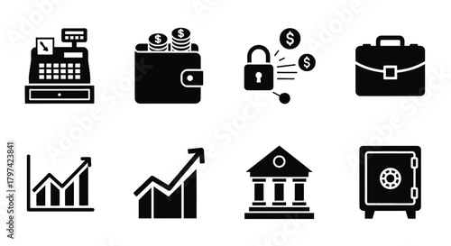 Finance business banking investment icons glyph solid vector set