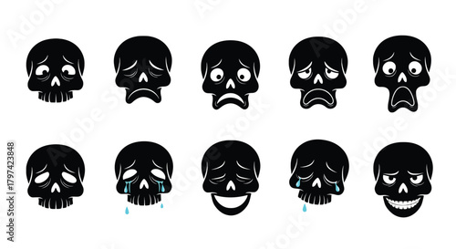 Black Skull Emoticons Vector Set Funny Skeleton Faces Stickers Collection