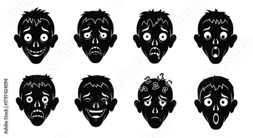 Black and white cartoon zombie faces avatars set vector illustration