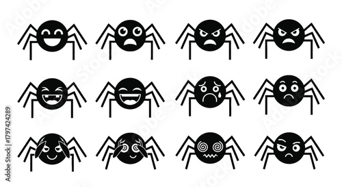 Black Spider Cartoon Emoticon Set Funny Character Expressions