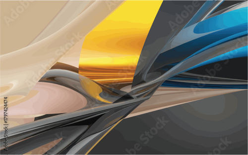 Abstract digital art with flowing iridescent ribbons and futuristic shapes in gold blue and gray creating a dynamic three dimensional effect