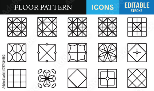 Set of stylish geometric tile icons for decor, interior design, and architectural graphics