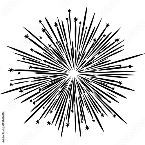 Stylized Woodcut Vector Firework Burst with Stars, Ideal for National Day, Festive Celebrations, and Event Designs