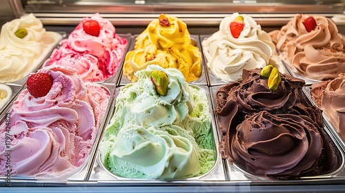 A vibrant display of Italian gelato in a gelateria freezer case, with sculpted, wavy tops, in flavors like pistachio, strawberry, and chocolate, colorful and tempting, sharp and clean. 