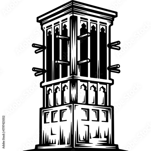 Traditional Woodcut Style Vector Wind Tower Illustration. Iconic Middle Eastern Architecture for United Arab Emirates National Day Celebration and Cultural Heritage.