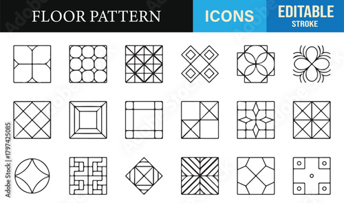 Thin-line tile pattern symbols including squares, mosaics, and ornamental shapes