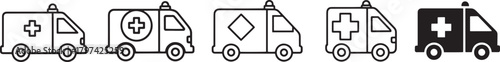 Ambulance vector icons set featuring emergency medical vehicle symbols, rescue transport, first aid response, healthcare services, hospital transport illustration pack for medical use.