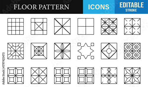 Minimal line art floor pattern icons featuring geometric tiles and decorative motifs