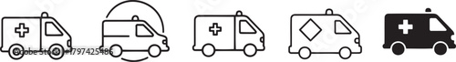 Ambulance vector icon set featuring emergency medical transport vehicles, rescue service symbols, first aid response graphics, healthcare and hospital emergency illustration pack