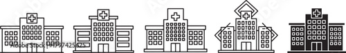 Hospital building vector icon set featuring medical facility illustrations, healthcare infrastructure symbols, clinic and emergency center graphics for professional design and marketing use