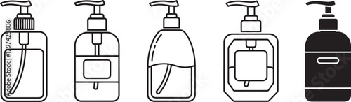 Hand sanitizer bottle vector icon set featuring liquid soap dispenser illustrations, hygiene and cleaning product symbols, healthcare safety graphics for medical and personal use
