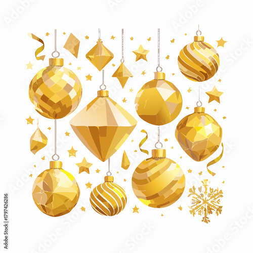 Luxury gold Christmas ornament set. Elegant vector pack of metallic baubles, faceted diamond shapes, stars, and snowflakes with realistic shine.