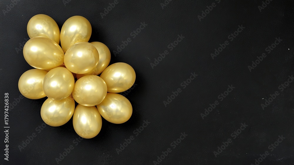 Fototapeta premium matte. A cluster of golden balloons against a black wall, symbolizing celebration and joy. public awareness campaigns, NGO reports, designed for public awareness campaigns and NGO communications.