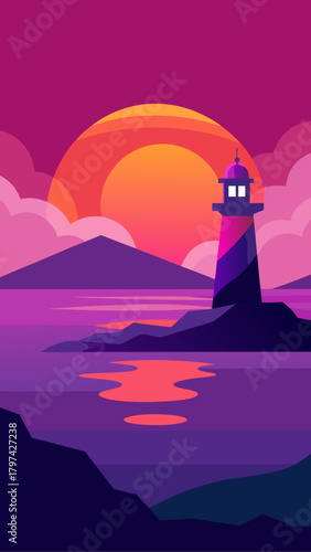 Lighthouse landscape with sunset and mountain scenery