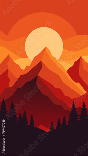 Illustration of mountains and trees at sunset landscape