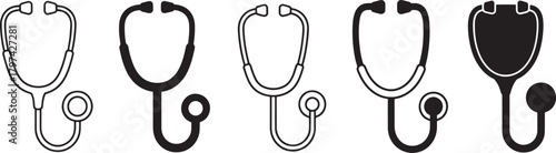 Stethoscope vector icon set featuring medical diagnostic tools, healthcare equipment symbols, doctor and nurse instruments, clinical examination graphics for hospital and wellness use