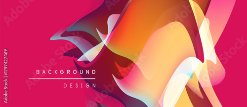 Abstract fluid shapes blend, creating vibrant gradients. Pink background emphasizes orange, yellow hues. Modern design element.