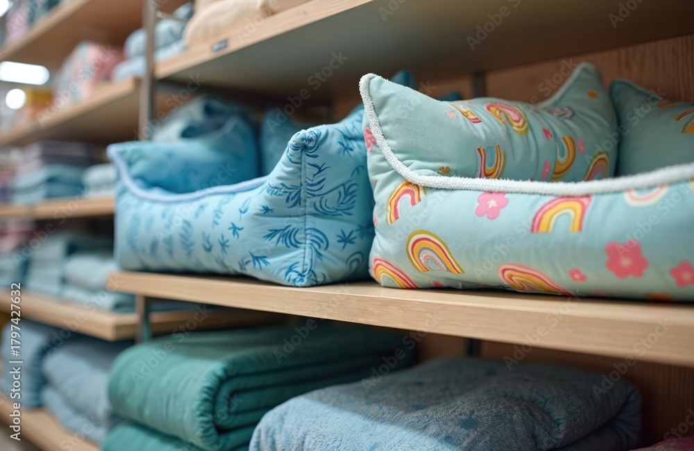 Obraz premium Colorful pet beds, soft blankets neatly arranged on wooden shelves in retail store. One bed features cute rainbow, flower patterns. Another bed blue leaf designs. Shop offers animal comfort items.