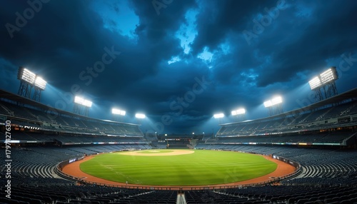 Wallpaper Mural Empty baseball stadium at night under cloudy sky. Bright floodlights illuminate green field and empty seats. Dramatic atmosphere for a sport game or match. Torontodigital.ca