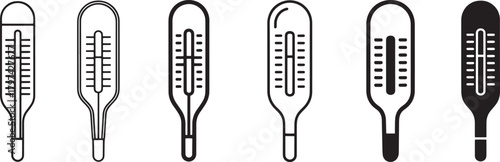 Thermometer vector icon set featuring medical temperature measurement tools, fever check symbols, healthcare diagnostic illustrations for hospital, clinic, wellness, and patient care use
