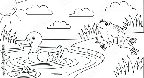 A cute duck swims in a pond with a lily pad, while a cheerful frog sits on the bank. This outline illustration is perfect for children's coloring books.