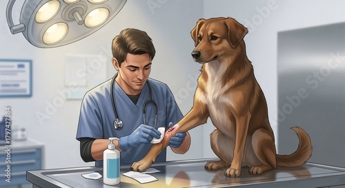 Veterinarian treating dog's injured paw in veterinary clinic  
