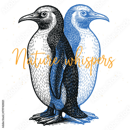 Dual Penguin Engraving - Blue Overlay Pop Art