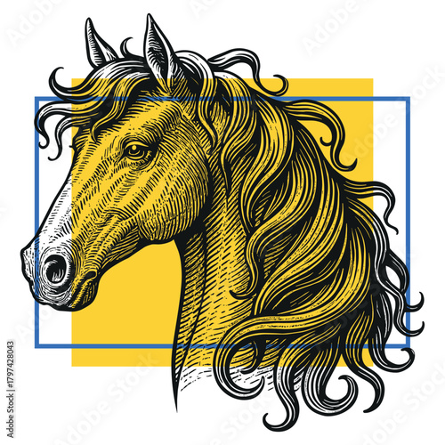 Crimson Horse Engraving - yellow and blue