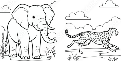Outline illustrations of an elephant and a running cheetah, perfect for children's coloring activities. These simple black and white line art drawings feature wild African safari animals.