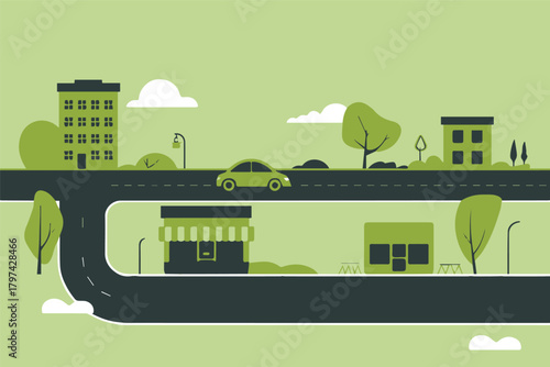 cityscape urban planning vector showing overpass road buildings and park