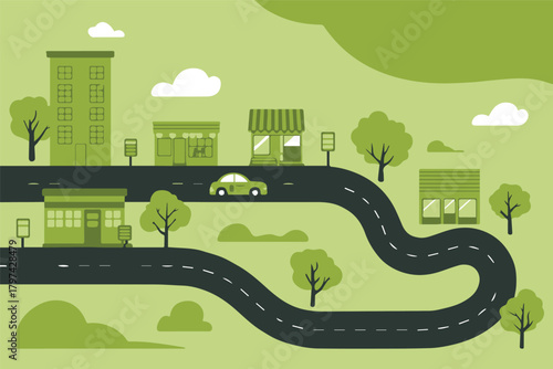 cityscape minimal vector city illustration two level road car and shop