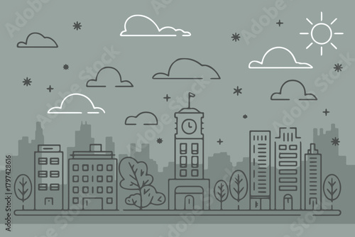 city skyline illustration with clocktower, buildings and trees