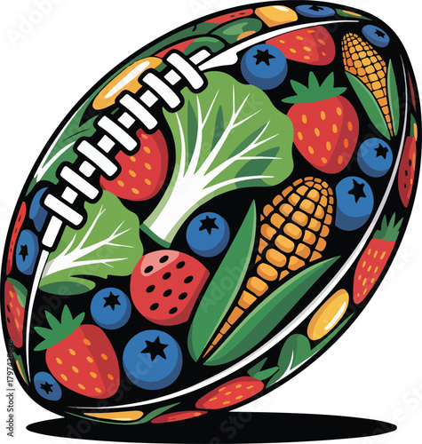 Illustration of a football filled with various healthy fruits and vegetables, representing a balanced diet.