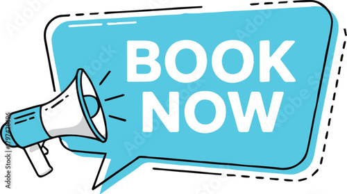 book now speech bubble megaphone call to action button vector for promo