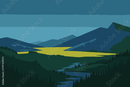 landscape layered mountains with river foreground pines and meadows