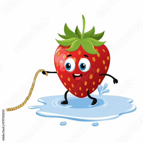 A heroic, tiny strawberry courageously attempts to pull a colossal, spilled milk puddle using a minuscule rope.