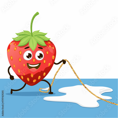 A heroic, tiny strawberry courageously attempts to pull a colossal, spilled milk puddle using a minuscule rope.