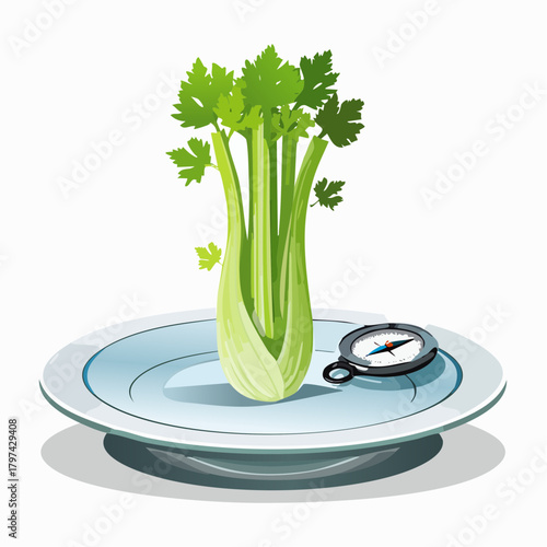 A bewildered celery stick is trying to use a microscopic compass to navigate a vast, empty white plate.