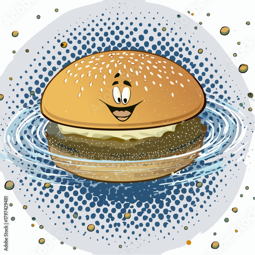 A tiny, surprised sesame seed has accidentally been launched into orbit around a colossal burger bun.